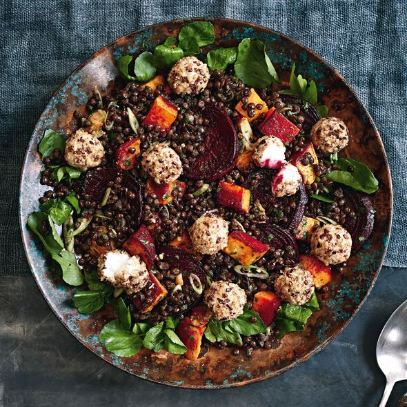 Roasted Rainbow Vegetable Salad with Puy Lentils and Goats&rsquo; Cheese Recipe, , hi-res