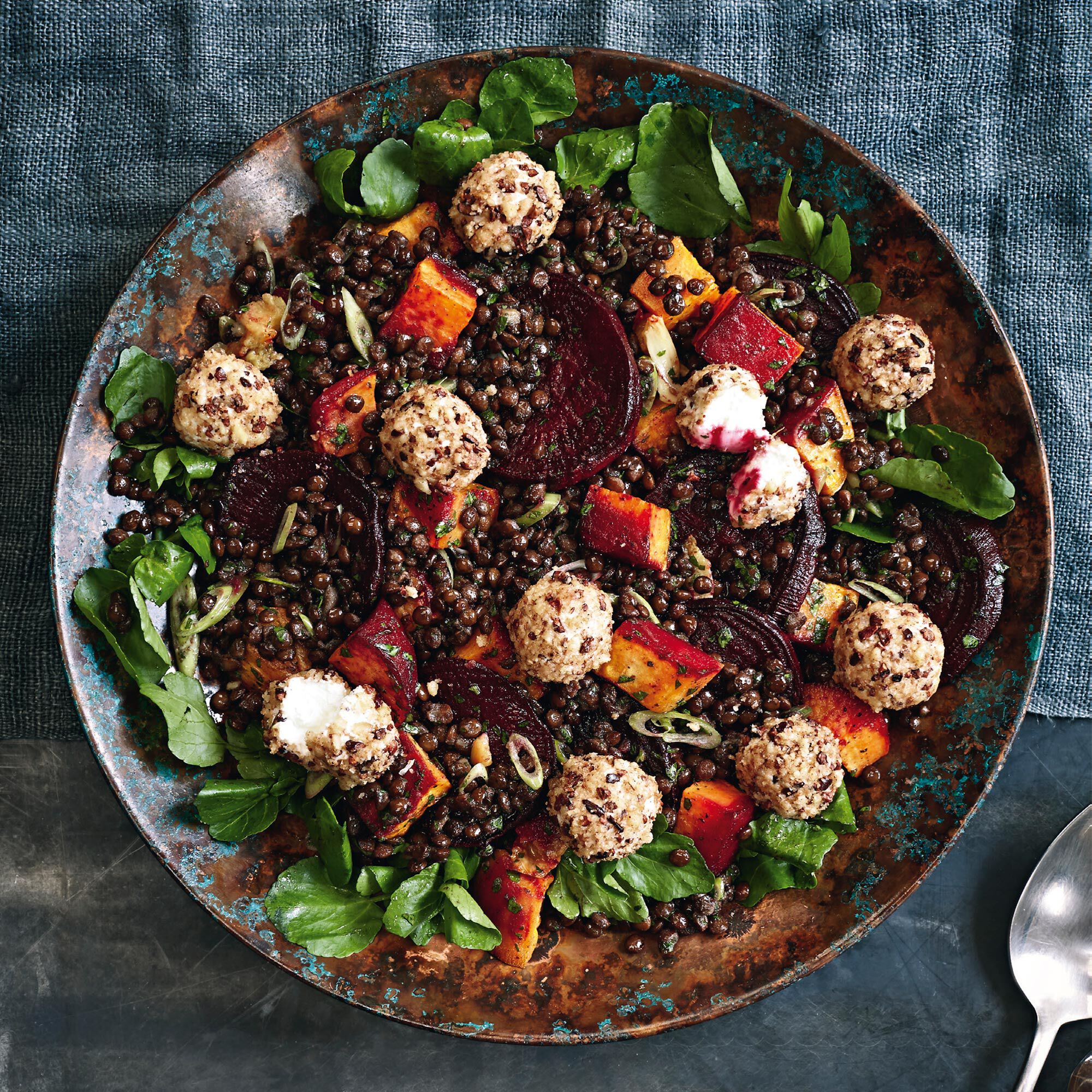 Roasted Rainbow Vegetable Salad with Puy Lentils and Goats’ Cheese Recipe, , hi-res