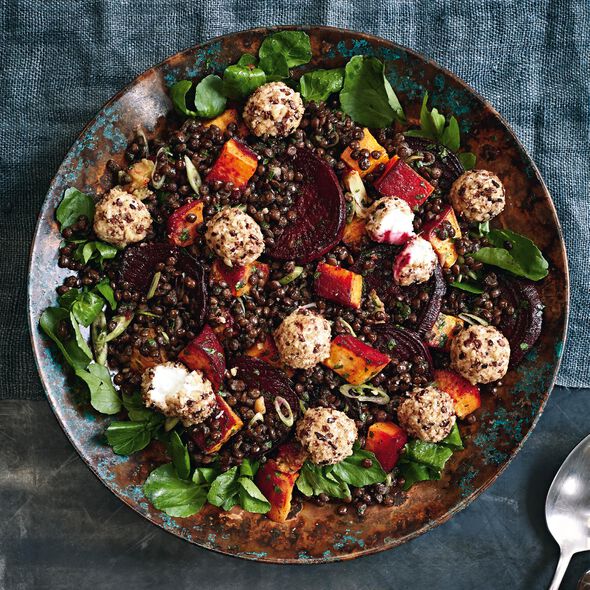 Roasted Rainbow Vegetable Salad with Puy Lentils and Goats&rsquo; Cheese Recipe, , hi-res